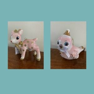 Wondershop Retro Anthropomorphic Ceramic Pink Bird & Deer Christmas Ornament